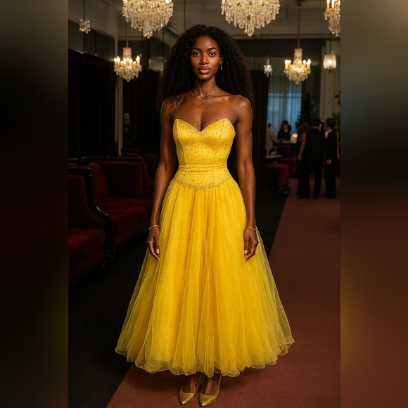 Elegant Yellow Strapless Evening Dress - Picture 1 of 9